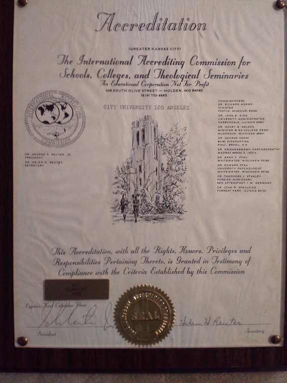 Framed accreditation certificate from the International Accrediting Commission for Schools, Colleges and Theological Seminaries