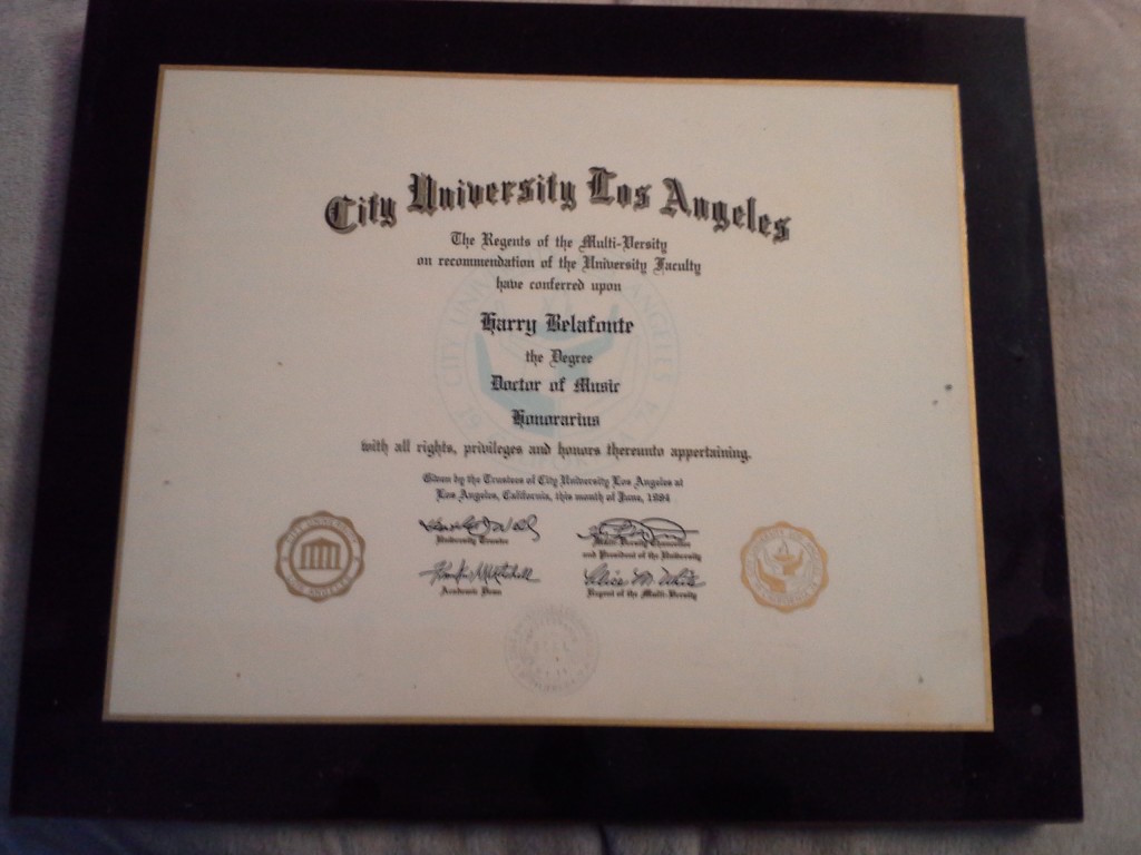Framed honorary doctorate conferring the Degree of Doctor of Music Honorarius upon Harry Belafonte