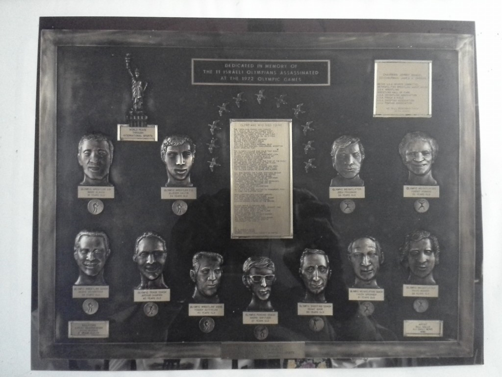 Memorial plaque with sculpted portraits dedicated to the eleven Israeli Olympians of the 1972 Olympic Games