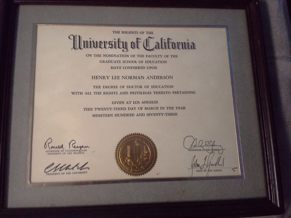 Framed University of California diploma conferring the degree of Doctor of Education upon Henry Lee Norman Anderson