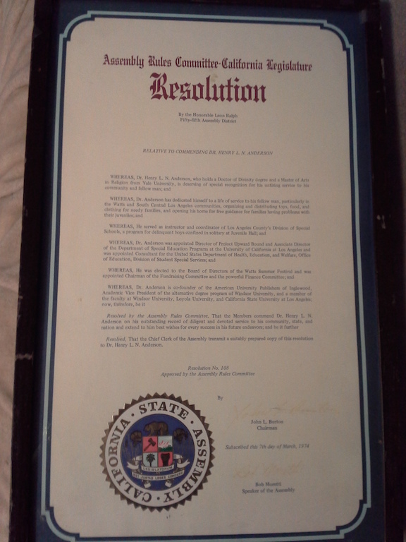 Framed California Legislature Assembly Rules Committee resolution commending Dr. Henry L. N. Anderson