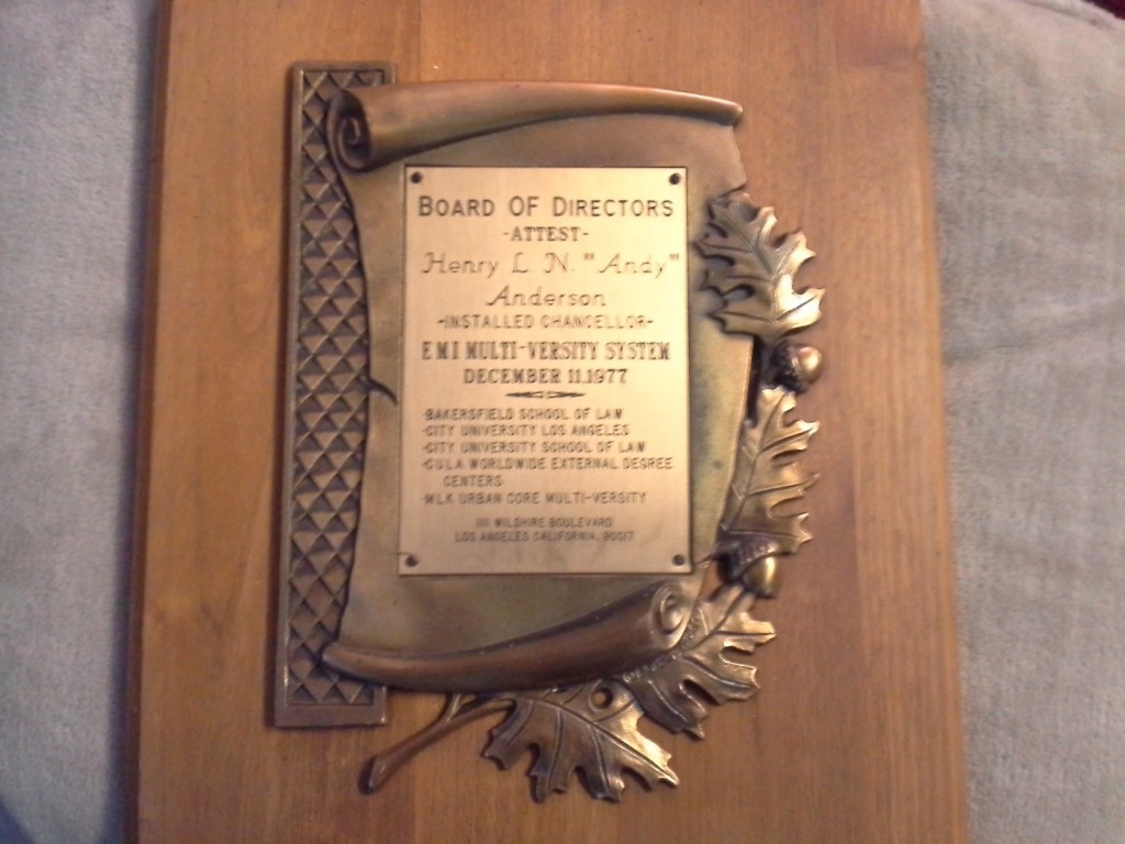 Bronze plaque attesting the installation of Dr. Henry L. N. Anderson as Chancellor of the EMI Multi-Versity System