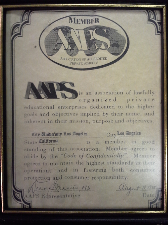 Framed membership certificate in the Association of Accredited Private Schools