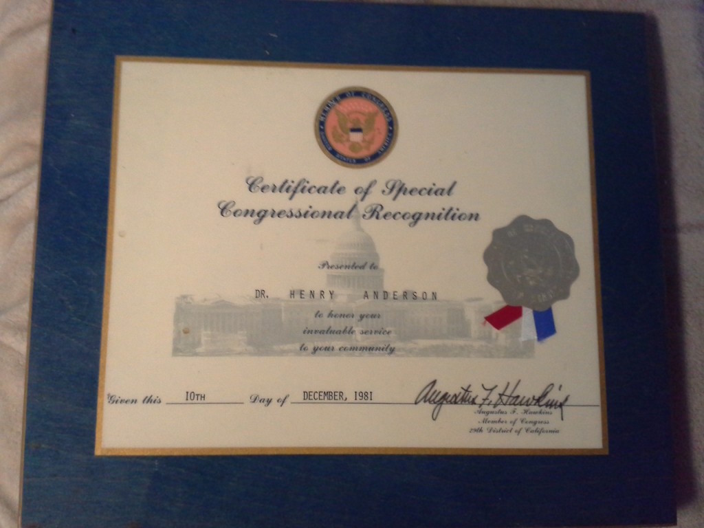 Certificate of Special Congressional Recognition presented to Dr. Henry Anderson by Congressman Augustus F. Hawkins