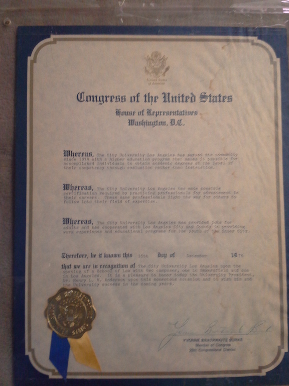 Congressional recognition document from the United States House of Representatives honouring City University Los Angeles