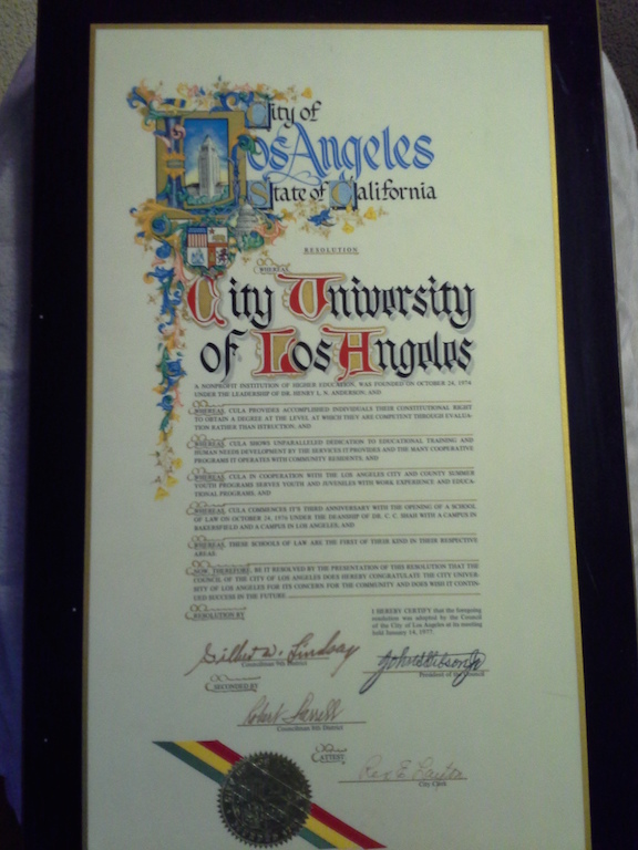 Illuminated resolution from the City of Los Angeles honouring City University of Los Angeles