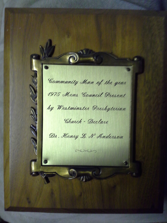 Brass plaque naming Dr. Henry L. N. Anderson Community Man of the Year, presented by Westminster Presbyterian Church