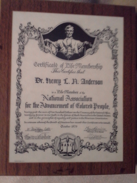 NAACP Certificate of Life Membership mounted on wood, issued to Dr. Henry L. N. Anderson