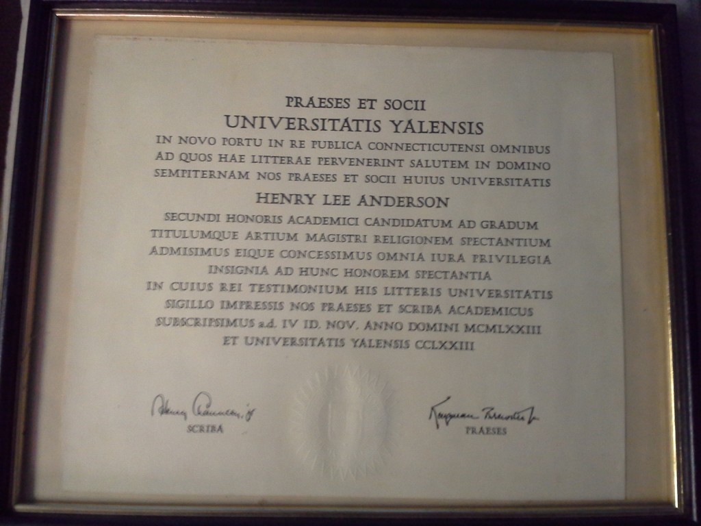Framed Yale University Latin diploma awarding Henry Lee Anderson the degree of Master of Arts in Religion