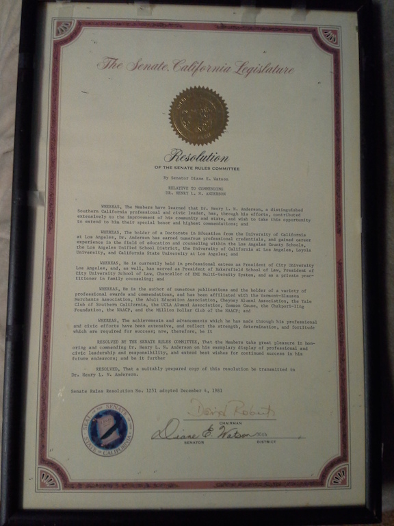 Framed California State Senate Rules Committee resolution commending Dr. Henry L. N. Anderson, introduced by Senator Diane E. Watson